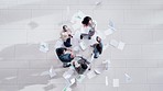 Paperwork, top view or happy business people throw paper in air in meeting, victory or deal. Winning, high five or excited team in celebration of target, growth success or goal with office documents