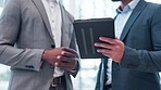 Business people, hands and tablet for planning, advice and teamwork or talking of stock marketing, trading or revenue. Corporate clients or financial advisor on digital technology for company profit