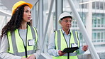 Architecture woman, manager and tablet for design planning, construction ideas or bridge progress. Mentor, industry worker and people on digital technology for civil engineering or building teamwork