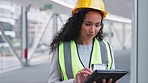 Architecture woman, building and tablet for design planning, construction and bridge progress. Contractor, industry worker or african person on digital technology for civil engineering or inspection