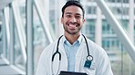 Happy asian man, doctor and tablet in healthcare or medical research in the hospital building. Portrait of male person or medic professional smile with technology in Telehealth, online advice or help