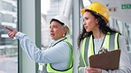 Architecture woman, manager and checklist of design inspection, construction planning or building progress. Mentor, industry worker and people with clipboard, civil engineering safety and management