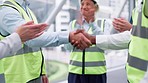 Engineering people, shaking hands and success for construction meeting, achievement or building achievement. Industry or architecture team in handshake and applause for partnership, contract and deal