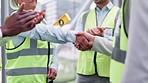 Engineering people, handshake and applause for construction meeting, congratulations or building success. Industry worker, architecture team and shaking hands or clapping for partnership and teamwork