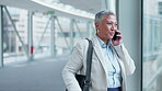 Travel, airport and a mature woman on a phone call for contact, update or business. Corporate, happy and executive employee or manager speaking on a mobile during a trip for work or discussion