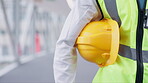 Construction worker, helmet and engineering, maintenance and renovation with contractor person at job site. Safety, protection and hard hat with architecture, mockup space and building industry