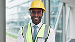 Face, engineer smile and black man in helmet at office, construction career and job. Portrait, happy and African architect in hard hat, contractor and developer, worker and expert employee in Kenya