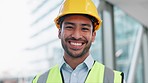 Face, happy engineer and Asian man in helmet at office, construction career and job. Portrait, smile and architect in hard hat, male contractor and developer, worker and expert employee in Cambodia