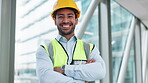 Face, happy engineer and Asian man with arms crossed in helmet at office, construction career and job. Portrait, smile and confident architect in hard hat, contractor and expert developer in Cambodia