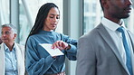 Time, delay and a business black woman in the airport, waiting in line for a flight with her boarding pass. Watch, documents and late with an employee in queue on a bridge in a departure terminal