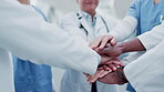 Doctors, nurses and hands together for teamwork, healthcare success and hospital motivation in team building. Medical professional, circle or group of people stack, mission and solidarity for clinic