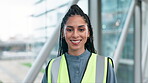 Face, engineer smile and woman at workplace, construction career and job. Portrait, happy and architect, contractor and developer, worker and employee, female designer and technician in South Africa