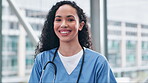 Face, smile and a nurse woman in the hospital for healthcare, wellness or treatment you can trust. Portrait, medical and cardiology with a happy medicine professional in a clinic for consulting