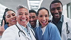 Doctor, face or team selfie at hospital for social media app, profile picture or about us post online. Portrait, smile or happy medical workers in photo for internet or web for networking in clinic