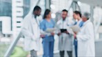 Teamwork blur, doctors or nurses in meeting for hospital planning or discussion for collaboration. Community, help or surgeon talking or speaking of healthcare research, report data or emergency news