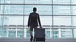 Business man, back and window at airport with idea, vision or thinking of future, strategy or flight schedule. Entrepreneur, luggage or suitcase for international travel, transport or working holiday