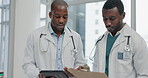 Doctor men, tablet and talking health care with hospital schedule, research or information technology. African people or team consulting for advice, medical opinion or clipboard for internet results