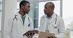 Doctor men, tablet and health care discussion for hospital schedule, research or information technology. African staff, teamwork or consulting for advice, opinion or clipboard for internet results