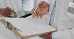 Doctor hands, writing and documents with tablet, insurance information and medical history on checklist in clinic. Teamwork, paper and digital touchscreen for research, contract or admin in hospital