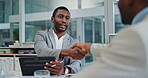 Agreement, partnership and business men handshake for a deal in a professional meeting for strategy and planning. Thank you, welcome and black man employees onboarding to a company for collaboration