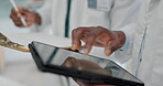 Tablet, search and hands of doctor in hospital for checklist, telehealth and medical. Healthcare, medicine and technology with closeup of person in clinic for consulting, wellness and online