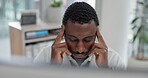 Medical, stress and computer with a doctor black man in the hospital, working on a negative report for diagnosis. Healthcare, anxiety or burnout with a medicine professional looking tired in a clinic