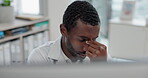 Healthcare, anxiety and computer with a doctor black man in the hospital, working on a negative report for diagnosis. Medical, stress or burnout with a medicine professional looking tired in a clinic