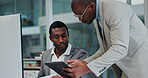 Teamwork, consulting and tablet with business people in office for project management, networking and research. Strategy, planning and collaboration with african employees for feedback and review
