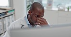 Healthcare, stress and computer with a doctor black man in the hospital, working on a negative report for diagnosis. Medical, anxiety or burnout with a medicine professional looking tired in a clinic