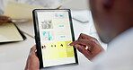 Doctor, tablet and hands on website in health and safety procedure or steps at the hospital. Closeup of medical or healthcare professional with technology for research on homepage or screen display