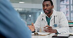 Black man, doctor and consulting patient at hospital for checkup, appointment or consultation. African male person, medical or healthcare professional talking to client for life insurance at clinic