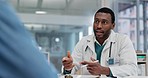 Black man, doctor and consulting patient on diagnosis, results or appointment checkup at hospital. African male person or medical healthcare professional talking to client in life insurance at clinic