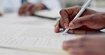 People, hands and writing signature on documents, application or contract at the hospital. Closeup of person signing paperwork, life insurance or form in healthcare, medical or information at clinic