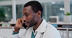 Telehealth, doctor help and phone call of a black man in a hospital or clinic for healthcare consultation. Mobile, communication and medical professional with digital advice and expert talking