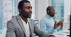Customer service conversation, computer video call and black man on telemarketing, networking or call center webinar. Business telecom, contact us and African person consulting on online conference