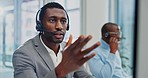 Customer service, computer video call and black man explain telemarketing, ecommerce or call center webinar. Consultation, business advice and African person consulting on online meeting conference