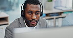 Customer service face, computer video call and black man talk on lead generation, ecommerce or telecom webinar. Consultation, web conference or African person consulting on call center online meeting