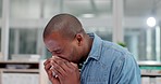 Sick, business and black man with a tissue, sneeze and blowing nose for allergies, infection and virus. Person, employee and professional with influenza, allergy bacteria and risk of health problem