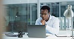 Thinking, laptop and businessman working in the office on a legal project for startup corporate company. Technology, professional and African male lawyer doing research on the internet with computer.