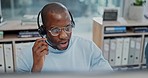 Callcenter face, video call and black man consulting on telemarketing, networking or customer support. Computer, contact us and African person talking on online meeting, web conference or telecom 