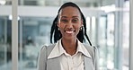 Face, business and black woman with smile, career ambition and marketing agent in a workplace, formal and corporate professional. Portrait, African person or employee with a startup and confidence