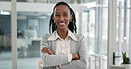 Face, lawyer and black woman with arms crossed in office, corporate company or workplace. Portrait, confident attorney and happy professional, advocate and advisor, worker and professional in Kenya