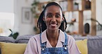 Smile, portrait and black woman on sofa in home to relax, laugh and free time on weekend in living room. Positive mindset, peace and happy African person on couch in apartment with casual attitude.