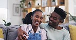 Black couple, hug and face with lounge with funny joke and laughing in a home. Love, support and trust of happy portrait of young people together with romance in a house feeling relax on a couch