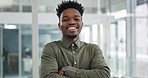 Face, business and black man with arms crossed, smile and creative with confidence, professional and startup. Portrait, African person and employee with happiness, mindset and success in a workplace