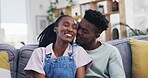 Kiss, hug or happy black couple in home living room bonding together to relax with support or trust. Sofa, face or African man cuddling or laughing with woman with care, love or joy in marriage 