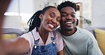 Black couple, selfie and face with picture for social media at home in living room with smile. Love, support and trust of happy young people together with a cute photo in a house relax on a couch