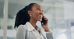 Phone call, networking and business woman in office with negotiation and hello conversation. African female worker, connection and talking at consultant company with digital discussion on mobile