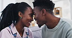 Love, forehead or happy black couple in home living room bonding together to relax with support or trust. Sofa, smile or African man talking or laughing with woman with care or joy in marriage