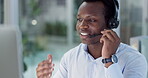 Black man, call center and consulting on computer in telemarketing, customer service or support at office. African businessman or consultant agent talking on headphones in online advice at workplace